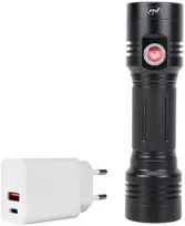 PNI Adventure F200 aliumininis dvigubas žibintuvėlis su LED, 4000mAh baterija, 3 didelės diafragmos LED ir vienu su fokusavimu bei PNI CHG300 maitinimo šaltinis su USB C prievadu, QC3.0, PD3.0, PPS ir USB-A prievadu, 30W
