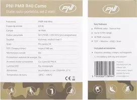 Nešiojama radijo stotelė PNI PMR R40 Camo, 2 vnt. komplektas, 0,5 W, 16 programuojamų kanalų, 16 PMR ir 50 CTCSS bei 104 DCS tonų, ASQ, TOT, monitorius, programuojama, 1200 mAh baterijos, įkrovikliai ir ausinės komplekte