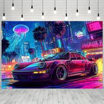 Japoninio stiliaus futuristinis miesto automobilių gobelenas, 104.9cm X 149.86cm