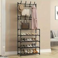 Metalinė drabužių ir batų lentyna su kabliukais, DIY four-layer black