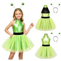 Kids Girls Alien Cosplay Tutu Dress Halter Neck Sleeveless Backless Layered Ruffled Tulle with Funny Hair Hoop for Halloween Party 13-14 Years žalia