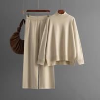 GMXIA Solid-color Knitted Semi-high Neck Slit Sweater Set for Women's Autumn and Winter Fashionable Casual Sweater Two-piece Set One Size