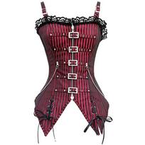 Seksualus moteriškas gotiškas korsetas Bustier dryžuotas su užtrauktuku ir sagtimis Steampunk Overbust Corselet liemenė Punk Rock stiliaus drabužiai M raudona