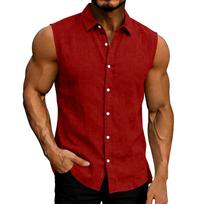 Vyriški marškiniai be rankovių su sagomis Laisvalaikio lininiai raumenis pabrėžiantys marškiniai Lengvas vasarinis viršus su apykakle L raudona