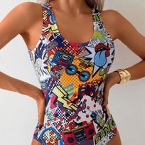 Women European American Style Sexy Cartoon Print High Waist Slim One Piece Swimsuit L įvairiaspalvis