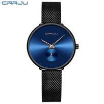 Watches for Women CRRJU Stylish Ultra Thin Women Watch Ladies Gift Dress Wristwatch Silver Waterproof Quartz Watch montre femme blue
