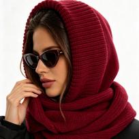 Balaclava knitted integrated hat thick thread hooded scarf European and American style autumn and winter warm bag head wool hat black