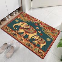 Indian Style Elephant Printed Floor Mat Retro Animal Graphic Doormat Anti-Slip Entrance Rug Ethnic Decor Carpet for Indoor 43X75CM beige
