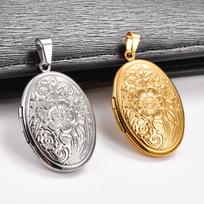 Carved Floral Stainless Steel Egg Photo Locket Pendant Necklace for Women Men Openable Picture Frame Charms Chain Metal Jewelry GOLD white