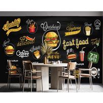 Mėsainio Sieninė Tapyba 3D Rankomis Pieštas Juodas Lentos Vakarų Restorano Tapetai Picos Mėsainio Greito Maisto Parduotuvės Sieninė Tapyba 200 cm(W) x 140 cm(H) gray