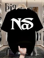 Men's Nas Hip Hop Graphic T-Shirt - Bold  NS  Lettering Crew Neck Tee, All-Season Casual Sh L white