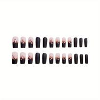 24Pcs French Press On Nails Square False Nails With Glue Flower Plants Design Fake Nails Detachable Simple Nail Tips 24pcs black