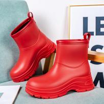 Rain Boots Women's Mid-tube Waterproof Shoes Fashion Rubber Shoes Soft Plus Velvet Warm Rain Boots 38 red