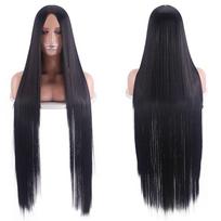 Cosplay perukas 100cm su viduriu juodas tiesus ilgas plaukas Unisex Helovino kostiumas Anime perukas K002-01 black
