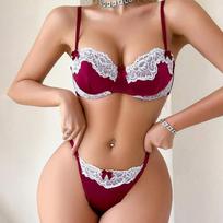 New ra et sweet pink lace edge ultra-thin gathering bra sexy underwear set XL bordinė