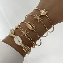 5Pcs Elegant Bracelet Set for Women Boho Mixed Cowrie Shell Gold Color Starfish Bangle Summer Beach Vacation Jewelry Gift brown