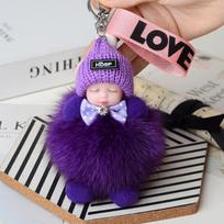 Pompom Keychain Cute Fluffy Plush Doll Women Girl Bag Keyrings Gift Decoration purple