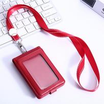 Leather ID Tag Badge Holder Buckle Flip Chest Card Bag Employee Pass Work Card Case  Student Red&Lanyard