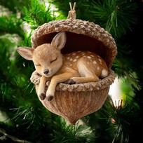 2pcs Cute Sleeping Fawn in Acorn Ornament - Resin Deer Christmas Tree Hanging Decor for Holiday Home Decoration as picture