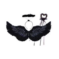 Angelų sparnų kostiumas vaikams Angelų sparnų rinkinys su lankeliu ir fėjos lazdele Dirbtinių plunksnų angelų kostiumo sparnai Helovino kostiumui, Cosplay pasirodymams C black