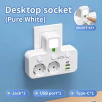 ES kištukinis prailgintuvas Kintamosios srovės lizdai USB Type-C prievadai Dvi specifikacijos Nepriklausomas jungiklis su mažu naktiniu apšvietimu 【B】Jack*2+USB*2+TypeC*1 balta