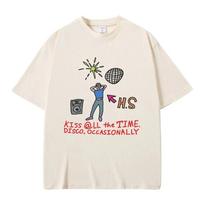 Black Oversized Cotton T-Shirt Featuring Harry Styles Cartoon Illustration,  Kiss All The Time  Quote, Disco Ball and HS Initials for Devoted Fans XL white