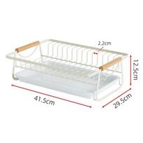 White Metal Dish Drying Rack With Wooden Handle Removable Drip Tray For Kitchen Sink Side Storage A1 white