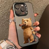 New Cartoon Teddy Bear Couple Matte Laser Phone Case For iPhone 16 15 14 13 12 11 Pro Max X XS XR 7 8 Plus SE Shockproof Cover For iPhone 14 Pro beige