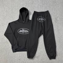 Klasikinis garlaivio logotipas su gobtuvu ir unisex laisvalaikio kelnių rinkinys Large gray