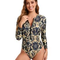 European and American fish scale printing swimsuit women's long-sleeved sunscreen jumpsuit zipper tight competitive sports swimsuit XXL blue