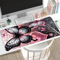 Pink Rose Black Butterfly Large Desk Mat Non Slip Stitched Edge Aesthetic Gaming Mouse Pad For Laptop Office Gaming 800x300x2mm gray