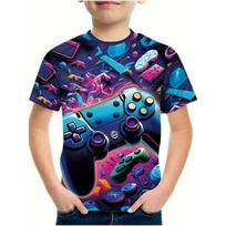 Game Console Themed Colorful Printed Fashionable Cool Boy T-shirt Creative Colorful Soft Comfortable Children's Short Sleeved T-shirt 120 blue
