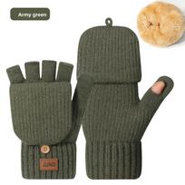 Half-finger Gloves for Autumn and Winter Plus Velvet Knitted Cold-proof and Warm Half-length Writing Woolen Fingerless Gloves black