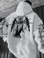 Grunge‑aura Men Hoodie Front Simple Blank Chest Motif, Back Ornate Dark Angel Sleeve Thorn‑scratch Graphic Pullover for Soft Relaxed Daily Casual Wear 2XL pilka