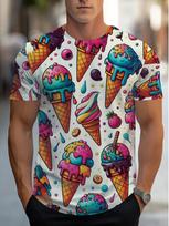 Plus Size Men'S Fun Pattern Shirt - Vibrant Ice Cream And Toppings Design, Regular Fit Casual Summer Short Sleeve, Machine Washable Comfortable M blue