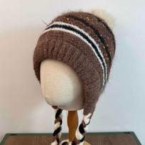 Striped Wool Knit Hat with Pom-pom & Tassels - Face Slimming Cold & Ear Protection for Autumn/Winter chaki