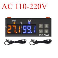 STC-3008 Dvigubas skaitmeninis termostatas 12V 24V 110-220V Temperatūros reguliatorius su šildytuvu ir aušintuvu, du reliniai išėjimai black