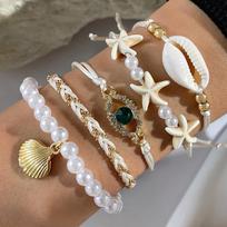 5Pcs Bohemian Shell Starfish Imitation Pearl Bracelet Set for Women Ethnic Style Multilayer Beaded Bangles Beach Party Jewelry white