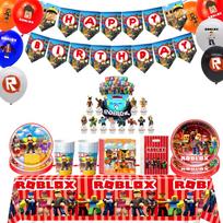 Roblox gimimo datos šventės teminiai papuošimai plakatas torto viršus balionas užrašinė vėliavėlė lėkštės puodeliai fonas sukurtas kūdikio krikštynoms