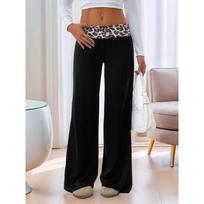 Women's New Spice Girls Low Waist Trousers Casual Splicing Clash Leopard Print Wide Leg Pants S black