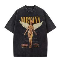 Nirvana vyriški skalbti marškinėliai unisex apvalia apykakle 100% medvilnė trumparankoviai Y2K laisvi patogūs marškinėliai L black