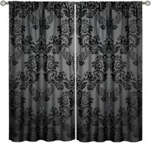 Gotikinė juoda damasko užuolaida, vintažiniai gėlių egzotiški cukriniai kaukolės langų apmualai miegamajam, kaulų skeletas, bohemiškas antikvarinis 60×150cm