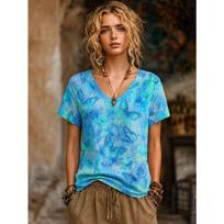 Women Summer T Shirt Vintage Abstract Pattern Print Short Sleeve Tees Casual Printed Tops 6XL blue