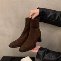 Moteriški Ankle Boots Kvadratiniu Pirštu Suede Aukštakulniai 2026 Ruduo Prancūziškas Užtrauktukas Lauko Trumpi Batai Madingi Elegantiški Botas De Mujer 40 kava