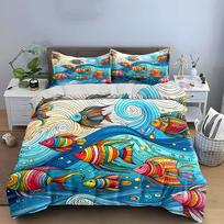 Rainbow Striped Tropical Fish Wave Duvet Cover Set, Hand Drawn Ocean Seamless Bedding Includes 1 Duvet Cover And 2 Pillowcase EU Double 200X200cm&set