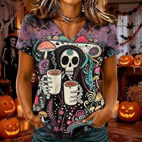 Women's V-Neck Short Sleeve Halloween Shirt Trendy Casual Top for Party and Everyday Wear M brown