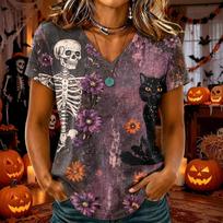Women's V-Neck Short Sleeve Halloween Shirt Trendy Casual Top for Party and Everyday Wear XL brown