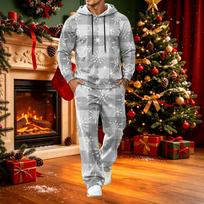 Men's Casual Hoodie and Wide-Leg Pants Set, Loose Fit Sweatsuit with Pockets, Christmas Print S white