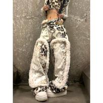 American Street Spice Girl Leopard Print Plush Splicing Jeans Women's Design Loose Straight Skinny Wide Leg Pants XL