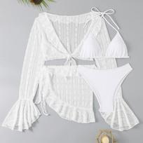 Women Solid Color Mesh Long Sleeve Cover Up Four Piece Bikini Swimsuit XL